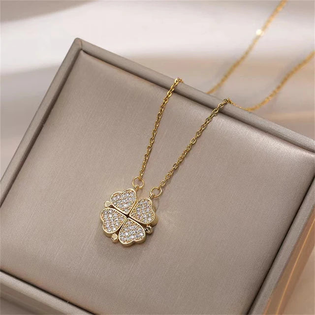 Fashion Retro Lucky Four Leaf Clover Women Necklace Gothic Love Heart Pendant Choke Chain Necklace Stainless Steel Jewelry Gift