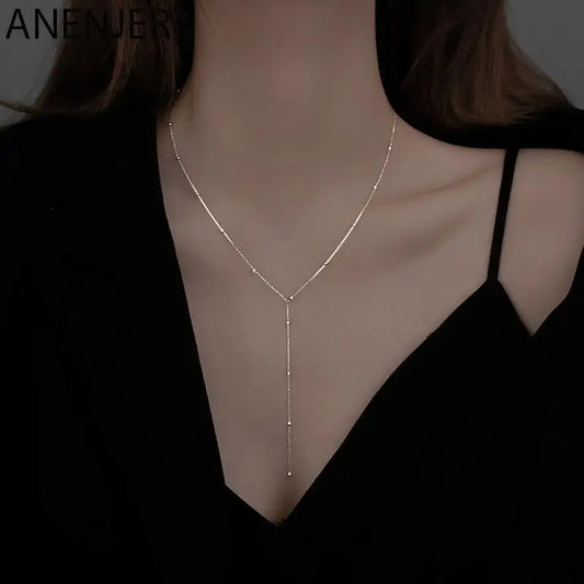 Silver Color Beads Chain Necklace for Women Simple Long Tassel Clavicle Chain Party Jewelry